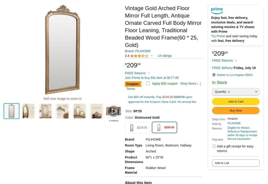 W8505  Vintage Gold Full Length Floor Mirror