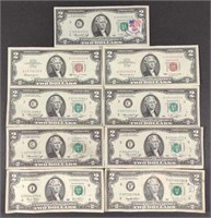 (9) $2 US Bank Notes (1976 Unc. 1st Day Stamped)
