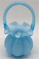 (H) Fenton Blue Glass Handle basket 8in h