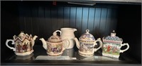 4 China Teapots, Pitcher and Relish Dish