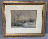 Antique Winter Landscape Pastel Painting