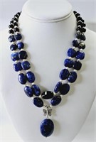 .925 Clasp Lapis Onyx and Pearl Beaded Necklace