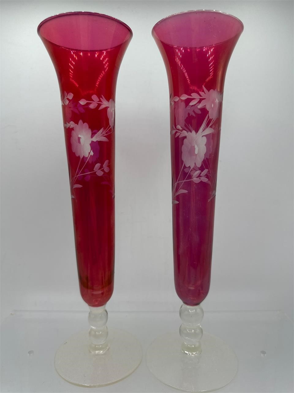 Vintage etched cranberry glass bud vases