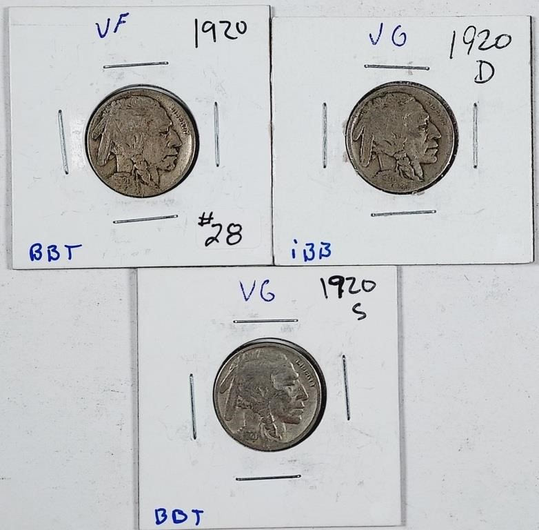 1920, 1920-D & 1920-S  Buffalo Nickels  VG-F
