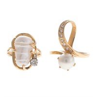 Two Lady's Pearl & Diamond Rings in 14K Gold