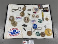 Political Buttons, Ex-Lax Tin, 7 Up Bottle Openers