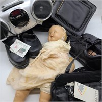 Creepy Antique Doll, Purse, & Radio Lot