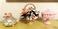 CAPODIMONTE STYLE COVERED BOWL, FLOWER BASKET, &