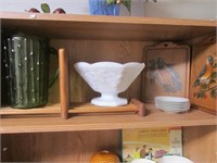 Shelf Lot-Green Pitcher,White Compote,2 Wooden