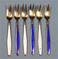 (6) Enameled Sterling Silver Cheese Forks
