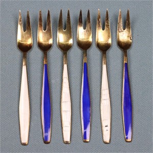 (6) Enameled Sterling Silver Cheese Forks