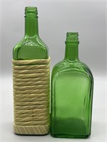 (2) Green Bottles, 1 Is Wrapped in Gold Cording