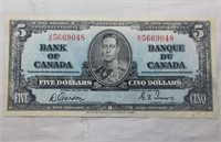 Canada $5 Banknote 1937 BC-23b Gordon Towers
