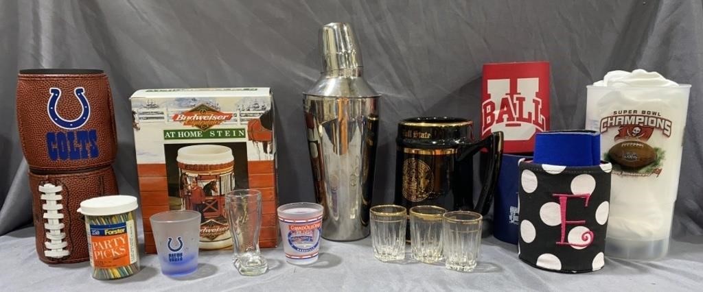 Ball State & Budweiser Beer Steins, shot glasses