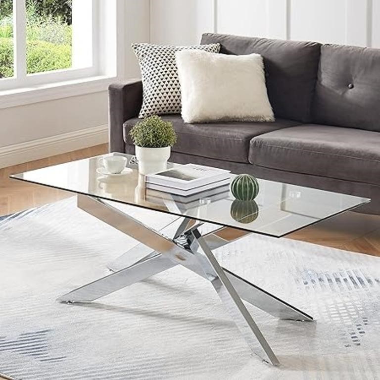 Rectangle Modern Coffee Table, Tempered Glass Top