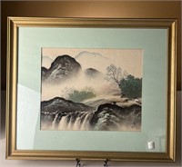 Japanese Landscape Painting On Silk. Gold Frame