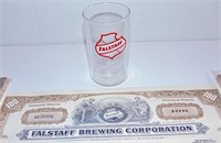 VINTAGE FALSTAFF BEER GLASS & STOCK CERTIFICATE