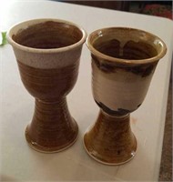 2 Signed Pottery Pedestal Cups