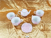 Porcelain rose teapot, cups (4) & rose figurine