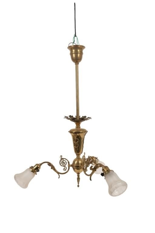 Antique Hanging 3-Shade Brass Chandelier