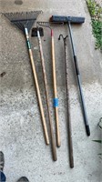 Yard and garden tools: rakes, hoe, claw,