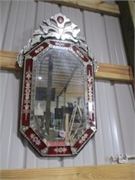 382-RED VENETIAN ART DECO MIRROR 43"T X 22" W