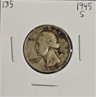 1945 S 90% Silver Washington Quarter