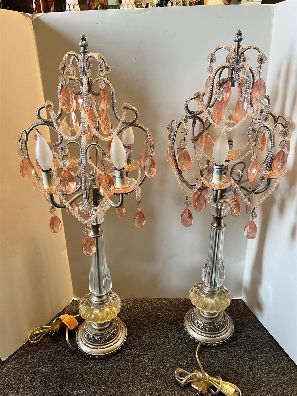 Pair of pink prism chandelier lamps