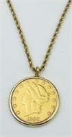 1899 $20 gold coin pendant with 14KYG rope chain
