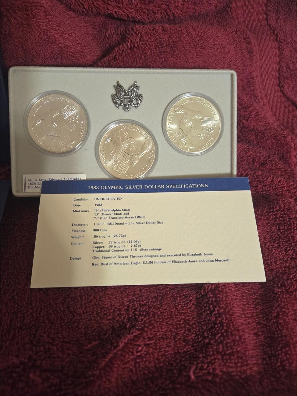 US Olympic Proof Silver Dollar Set "P" "D" "S"