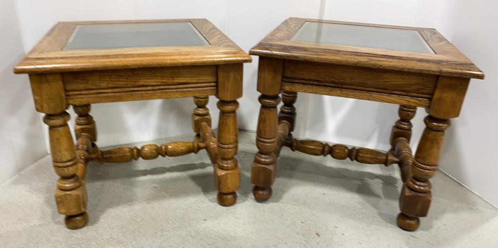 Beveled Glass Top Oak End Tables