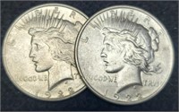 (2) 1922 Peace Silver Dollars AU