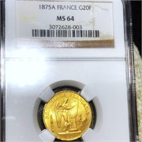 1875-A French Gold 20 Francs NGC - MS64