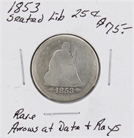 RARE 1853 Seated Lib Quarter Arrow at Date & Rays