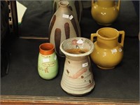 Four art pottery vases: 6" green and brown vase