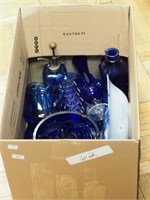 Box of cobalt blue glass and blue and white