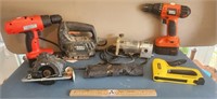 Assortment of Tools: Router, Drills, Stapler,
