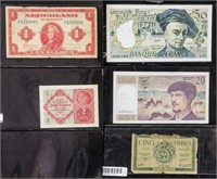 5 Assorted French and Dutch Banknotes