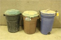 (3) Plastic 32Gal Garbage Cans with Lids