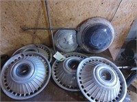 (4) Chevy Full Size Hubcaps, (1) Ford Dish &