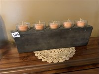 WOODEN CANDLE HOLDER AND CANDLES, 5" X 16" X 3"