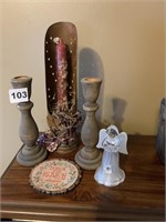 WOODEN CANDLE HOLDERS, TIN CANDLE HOLDER, ETC.