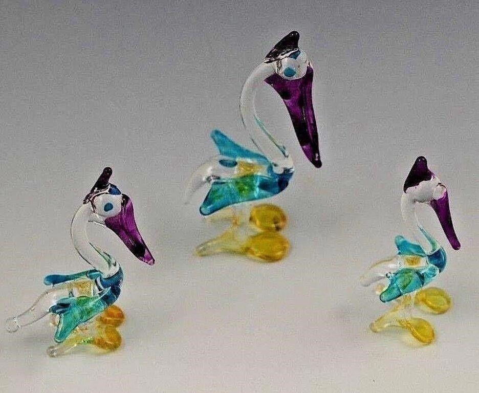 MURANO HAND BLOWN SPUN GLASS 3 PELICANS SET ITALY