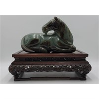 Amazing Chinese Jade Horse On Finely Carved Wood