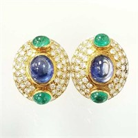 14K gold cabochon sapphire & emerald earring set