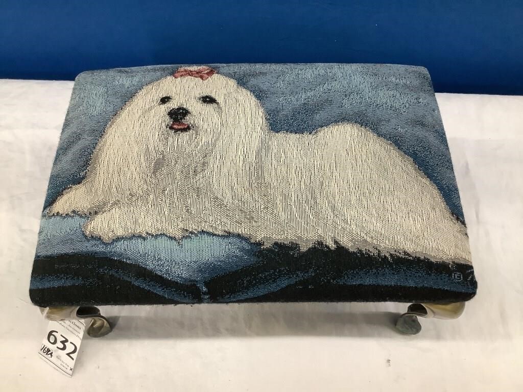 Maltese Puppy Dog Footstool with Metal Legs