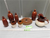 Stoneware butter churn lid, stoneware and glass bo