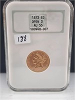 1873 Open 3 $5 Gold Liberty NGC AU55