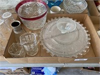 Fire King bowl, cake stand, pitchers & old
