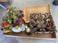 Bamboo serving tray kettle vase with floral